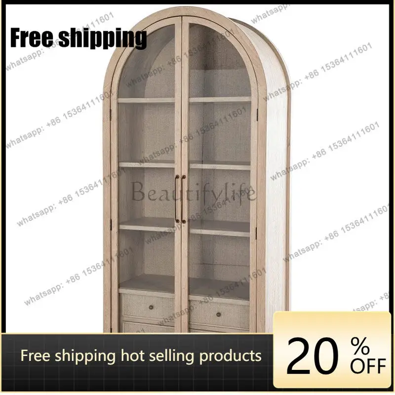 hot  American solid wood retro wine cabinet Nordic rattan storage double glass door display cabinet