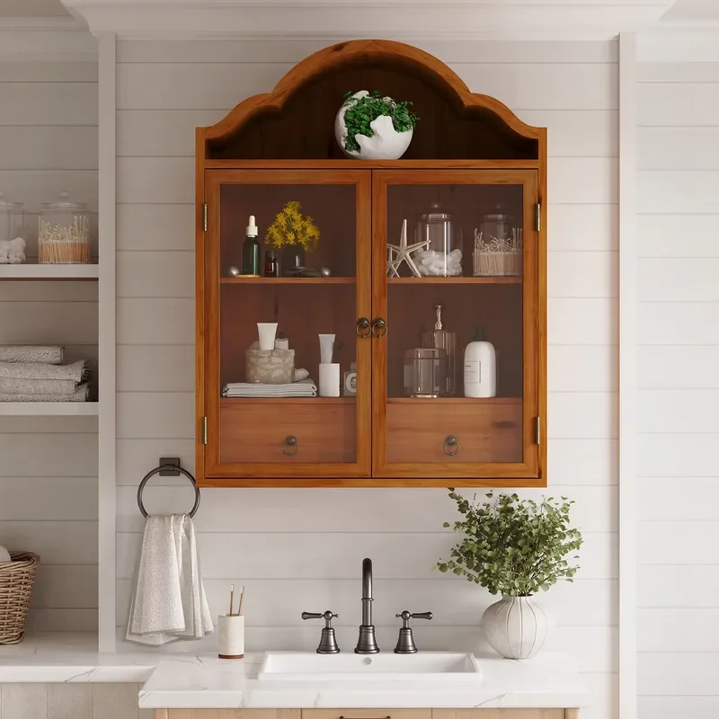 Vintage Country Style Wall Mounted Cabinet Imitation Solid Wood Wavy Top Design Elegant Chic Storage Unit for Living Room