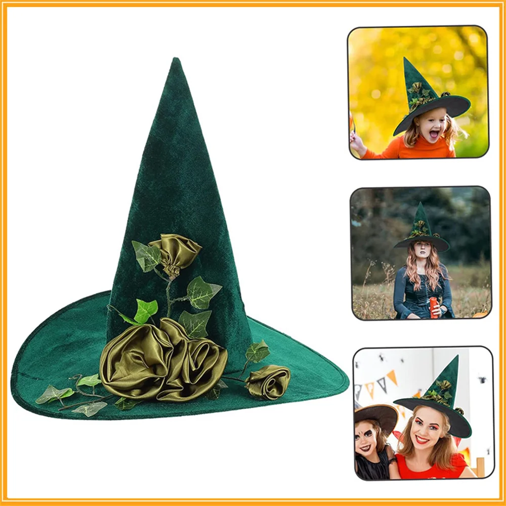 Halloween Witch Hat Green Flower Decorative Hat Holiday Party Supplies Cosplay Costume Accessories Props Cartoon DIY Hat 1pcs