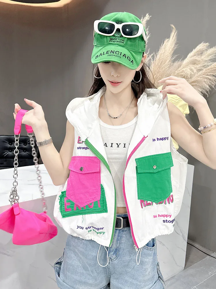 White 2025 women's summer thin vest popular loose and stylish design vest jacket hooded pocket versatile casual vest