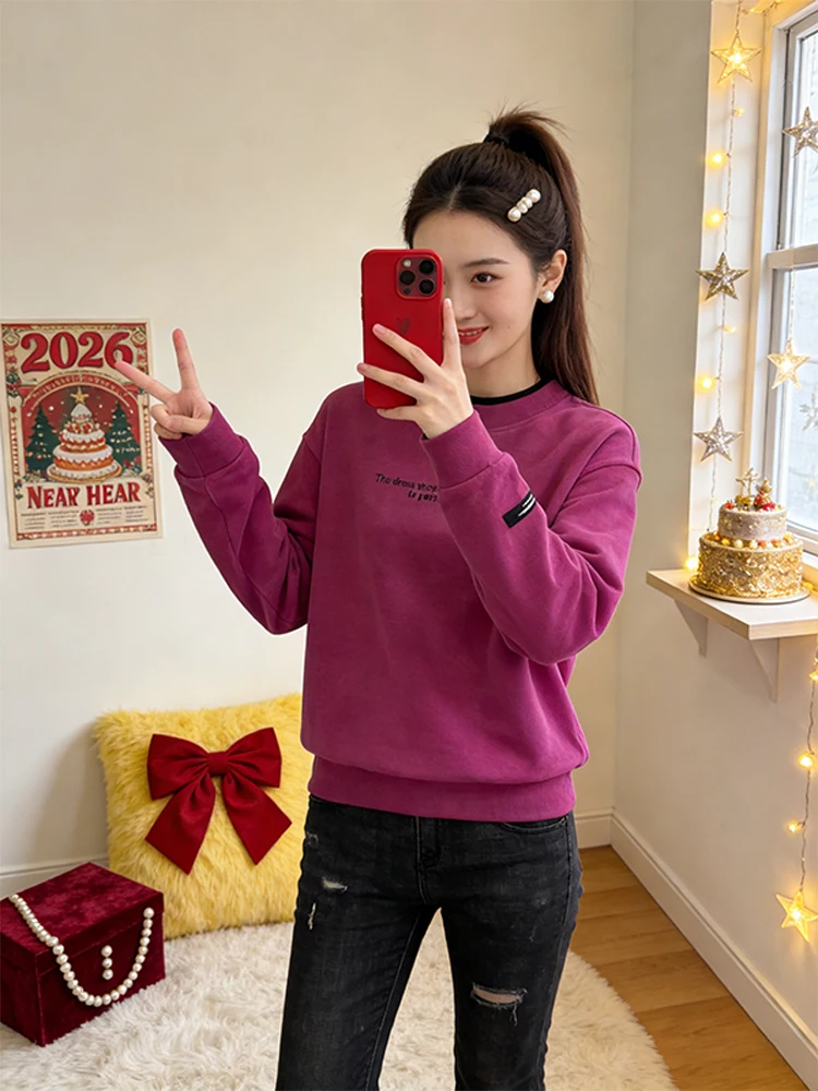 

Весенне-осенний женский свитшот с круглым вырезом, вышитый, повседневный, тонкий, без капюшона, модная одежда для мам, удобный, с длинными рукавами