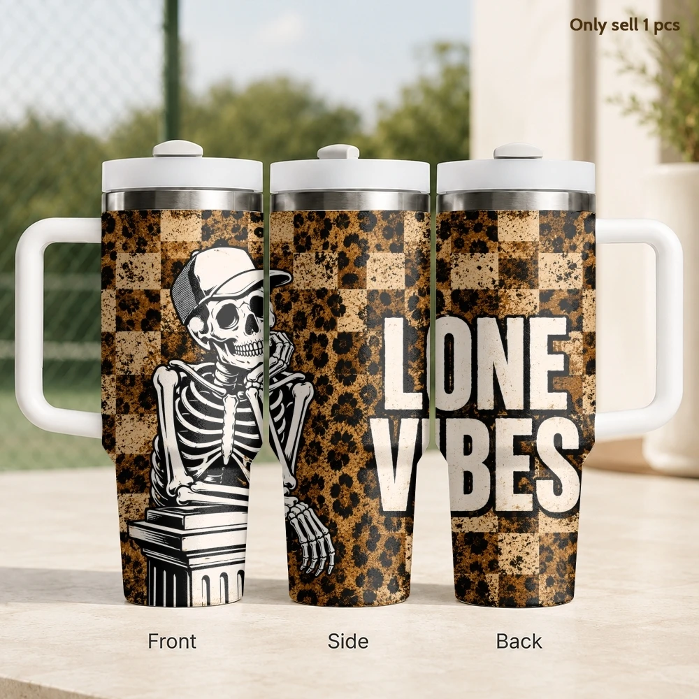 Funny Skeleton Vacuum Flasks 40oz Stainless Steel Insulated Tumbler with Handle & Straw Leakproof Travel Mug