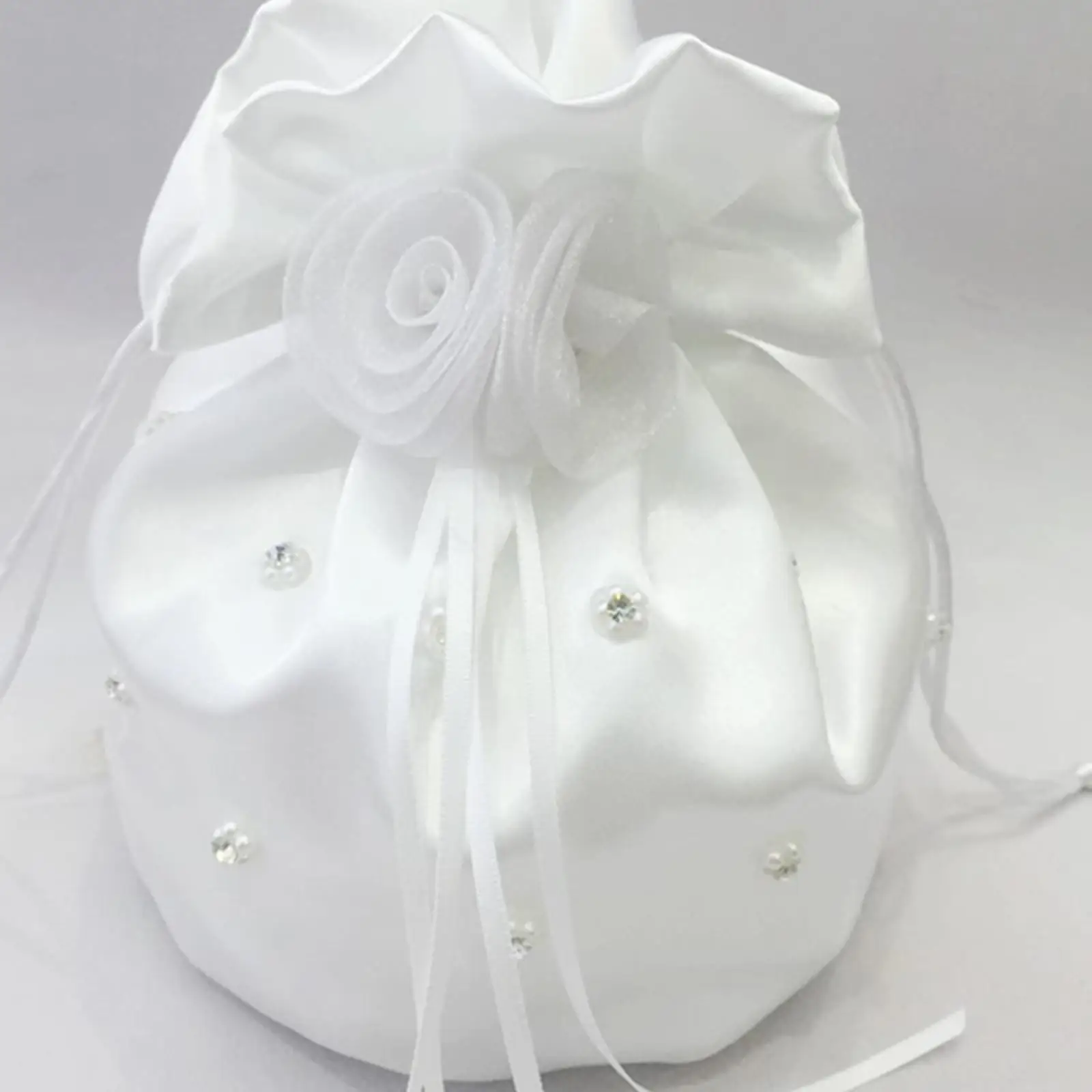 Satin Bridal Bag, Wedding Flower Girl Drawstring Chic Purse Small White Decorated Bags for Wedding Essentials Party Prom Dinner