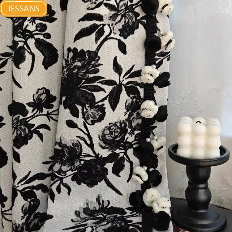 Retro Black and White Cotton Linen Jacquard Thickened Curtains for Living Room Bedroom French Window Customized Finished