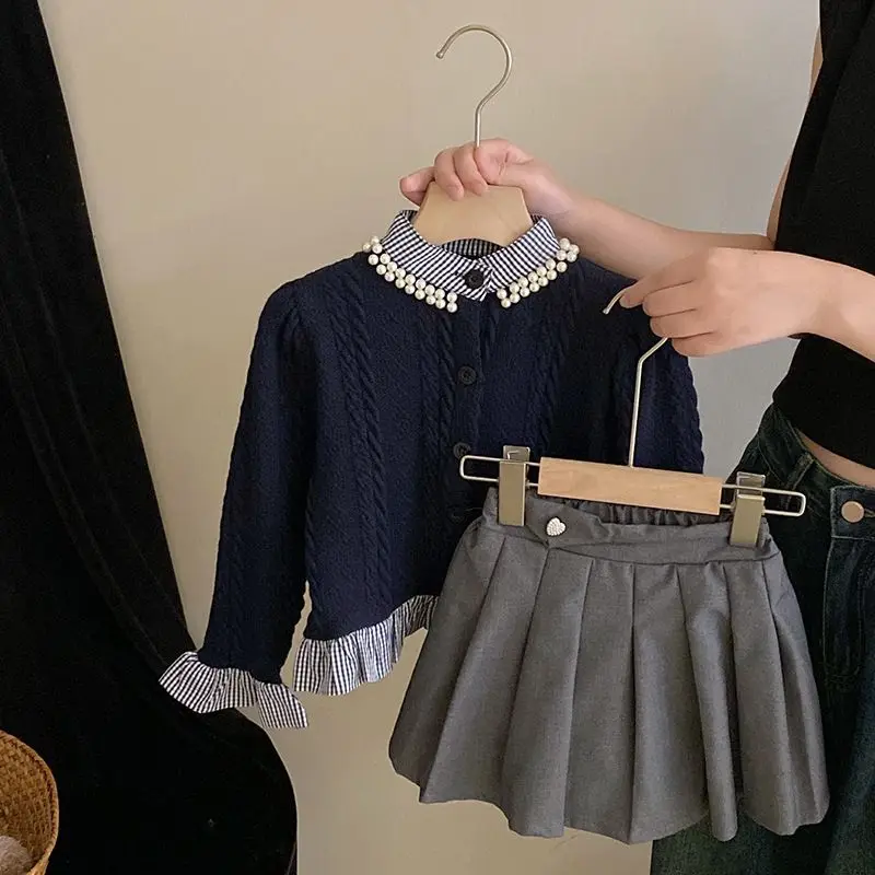

Kids Clothes Plaid Shirt Patchwork Sweater + Skirt Set Toddler Girl Preppy Pearl Sweater Cardigan Ropa De Niña