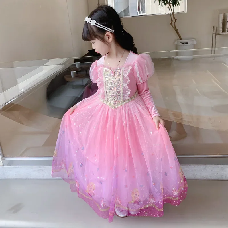 Princess Sophia Dress Autumn Winter Pink Girls' Birthday Party 2-10 Years Old Kids Velvet Long Sleeved Rapunzel Cosplay Clothing