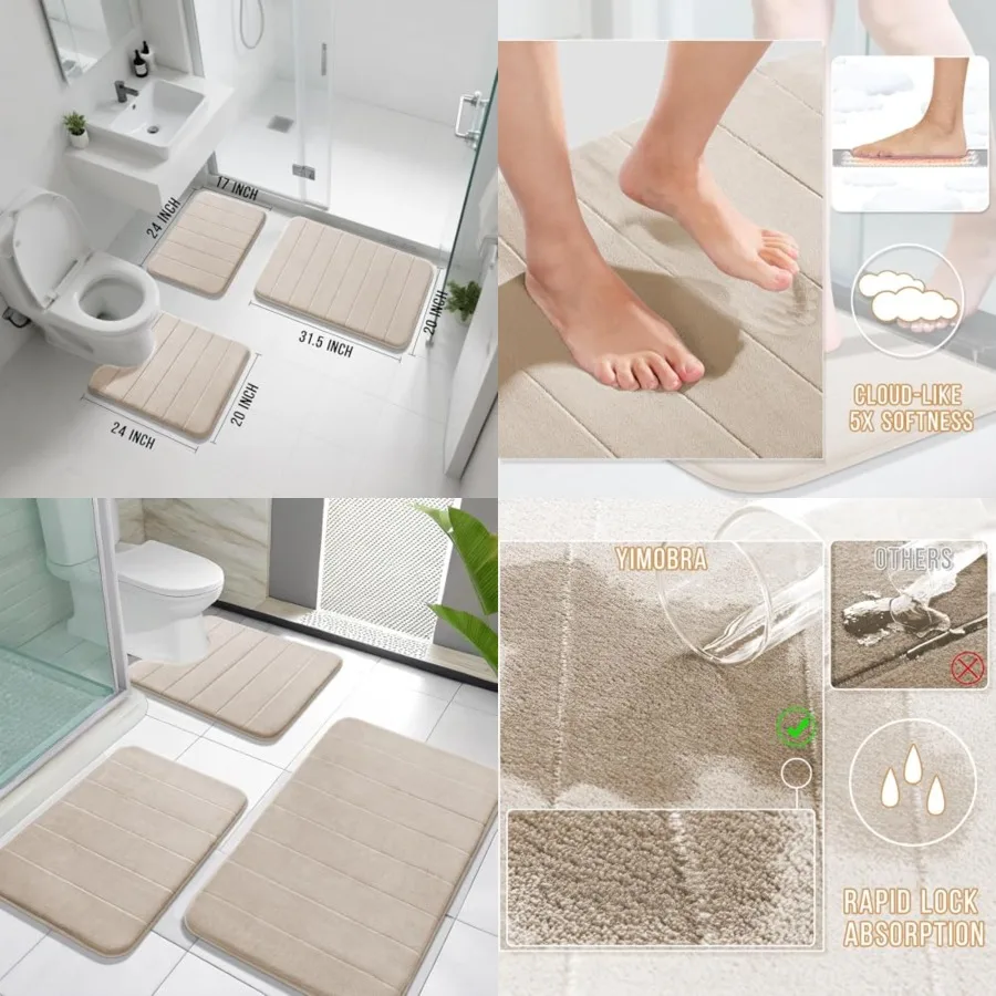 

Memory Foam Bath Mat Set 3 Pieces- Super Soft Absorbent Quick Dry Bathroom Rug Sets, Machine Washable Non Slip Floor Carpet for