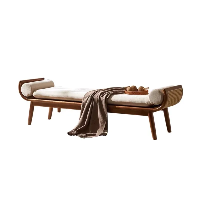 Solid wood bench wabi-sabi wind simple rattan bedside stool casual double triple sofa restaurant bench