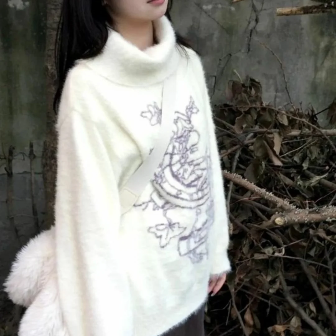 อเมริกันสวีทกราฟฟิตี้พิมพ์เสื้อกันหนาวผู้หญิงฤดูใบไม้ร่วง/ฤดูหนาวแฟชั่นหลวมเสื้อแจ็คเก็ตถักมีฮู้ด