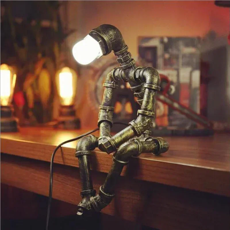 Vintage Steampunk Desk Lamp Pipe Light Unique Industrial Style Robot Bedside Table Lamp for Bedroom Restaurant Cafe Decoration