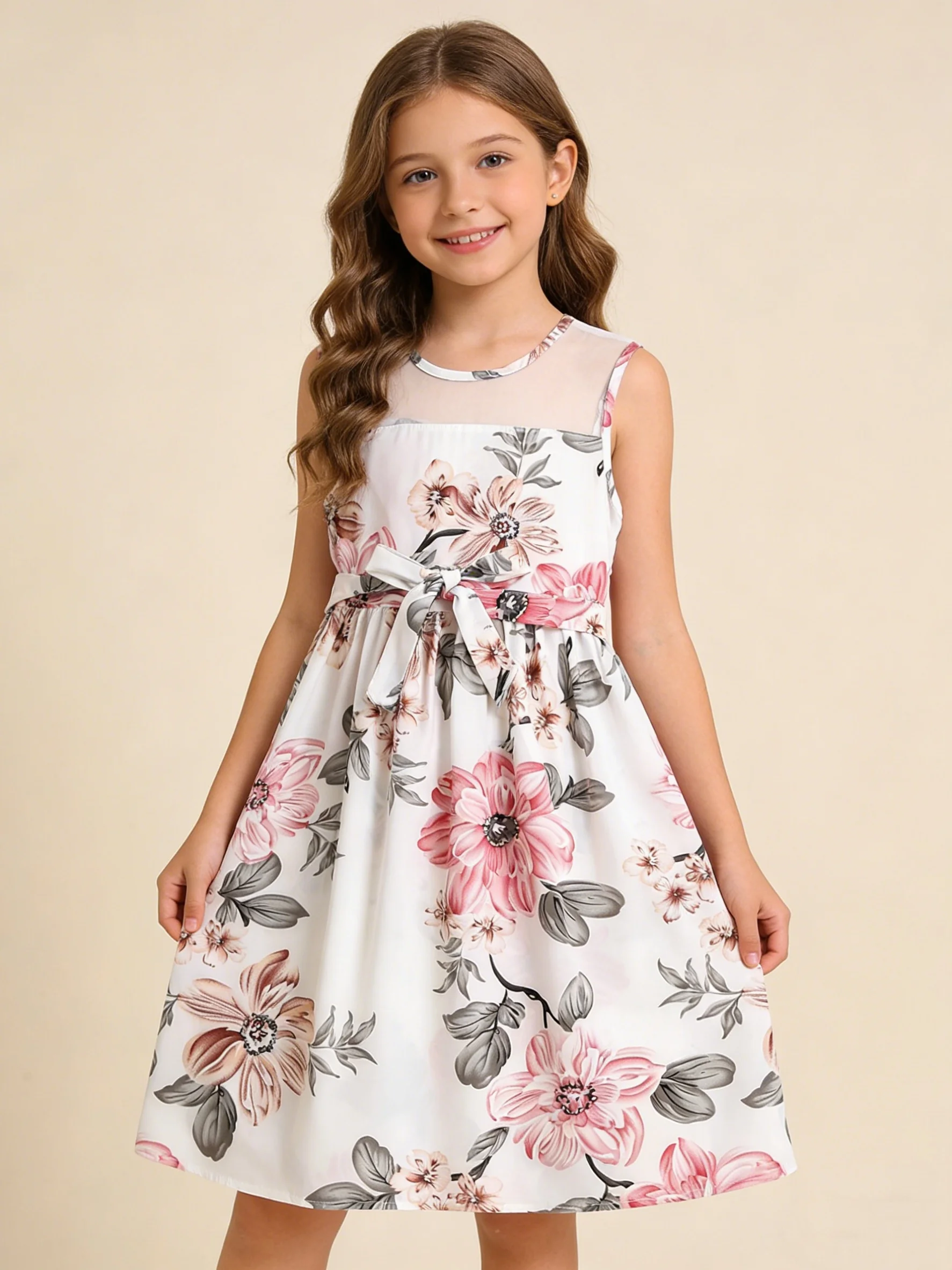 Robe d'été sans manches pour filles, douce et mignonne, col rond, imprimé floral, patchwork en dentelle