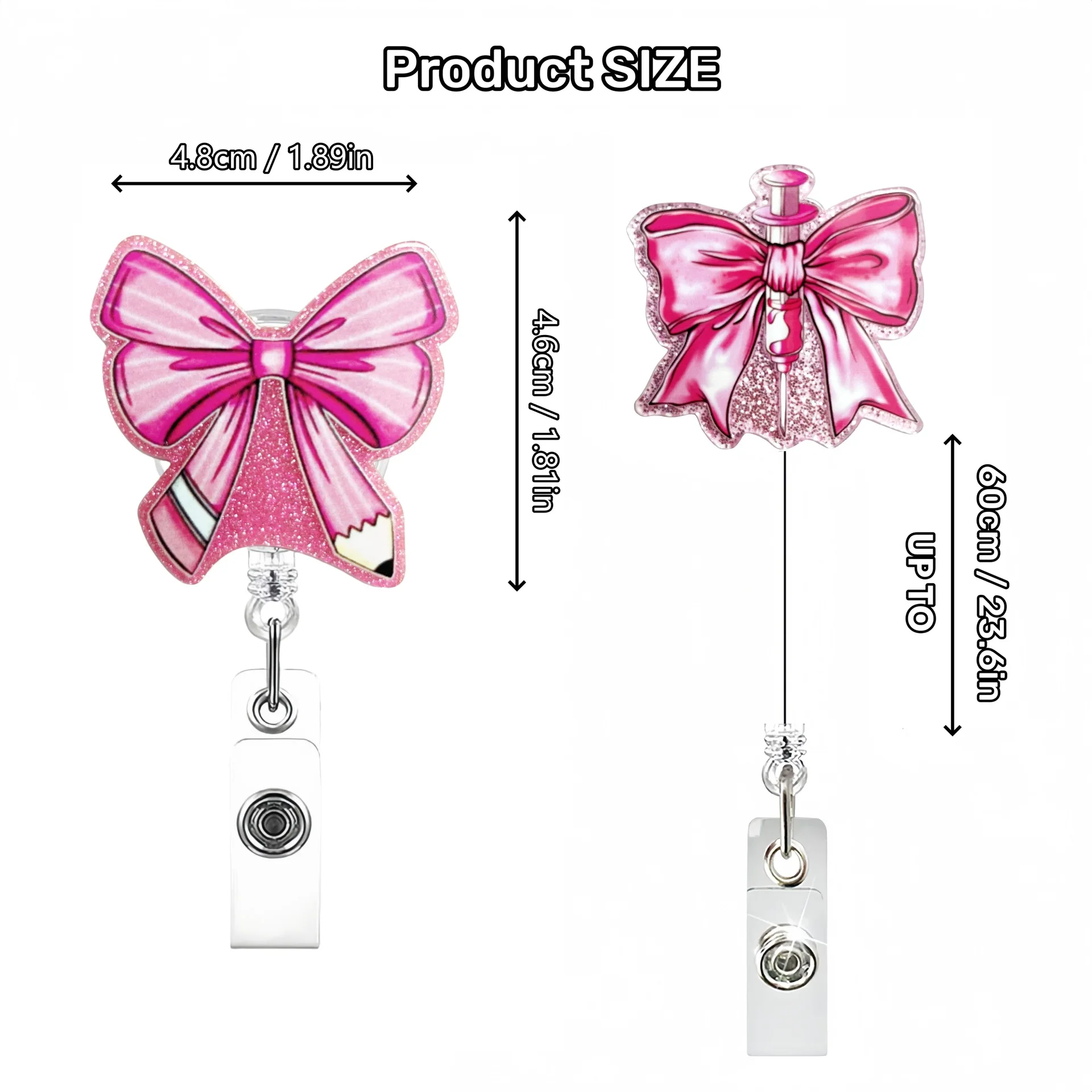 Acrylic Pink Bow Badge Reel With Swivel Alligator Clip Retractable Id Card Badge Holder For Nurse Doctor Student Teacher