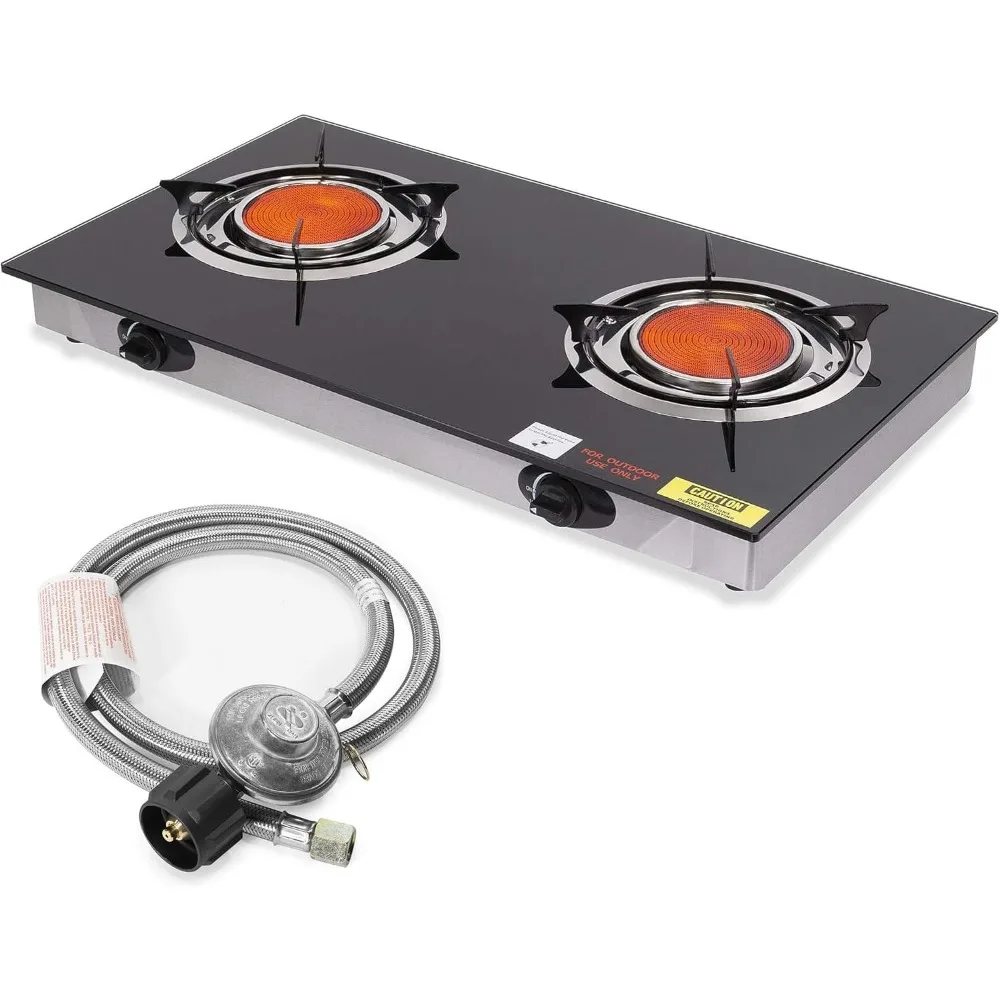 

Deluxe 40,000 BTU 2 Burner Propane Gas Stove Cooktop Ceramic Infrared Auto Ignition Outdoor Grill BBQ Camping Countertop