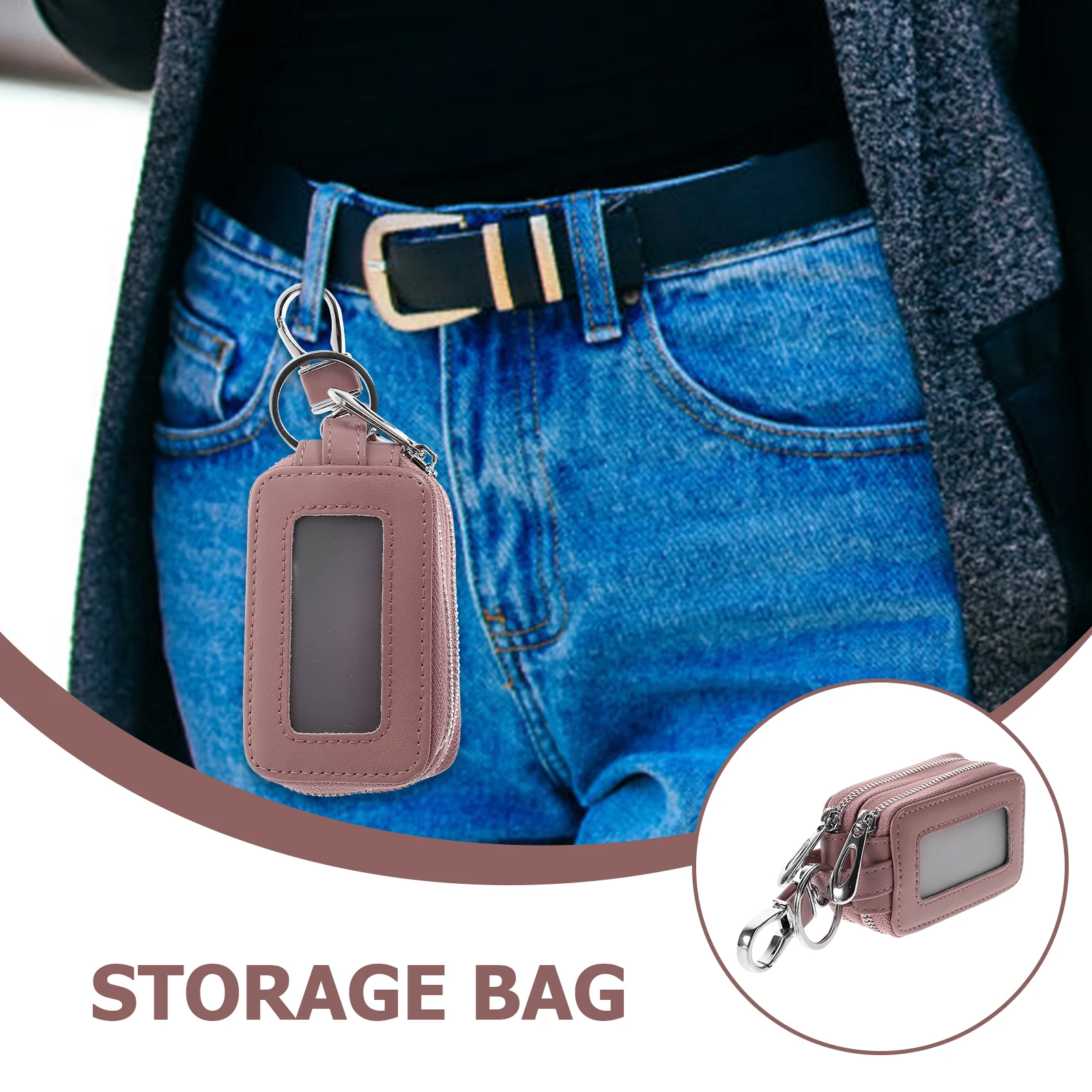 

1Pcs Car Key Bag Cattlehide Zipper Durability Hanging Waist Key Pouch Protective Holder Large Capacity Storage