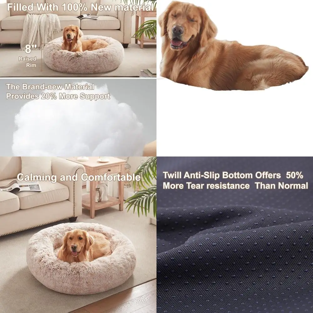 

Large Calming Fluffy Donut Dog Bed - Removable Washable Cover, Fits Pets up to 80 lbs (Brown)