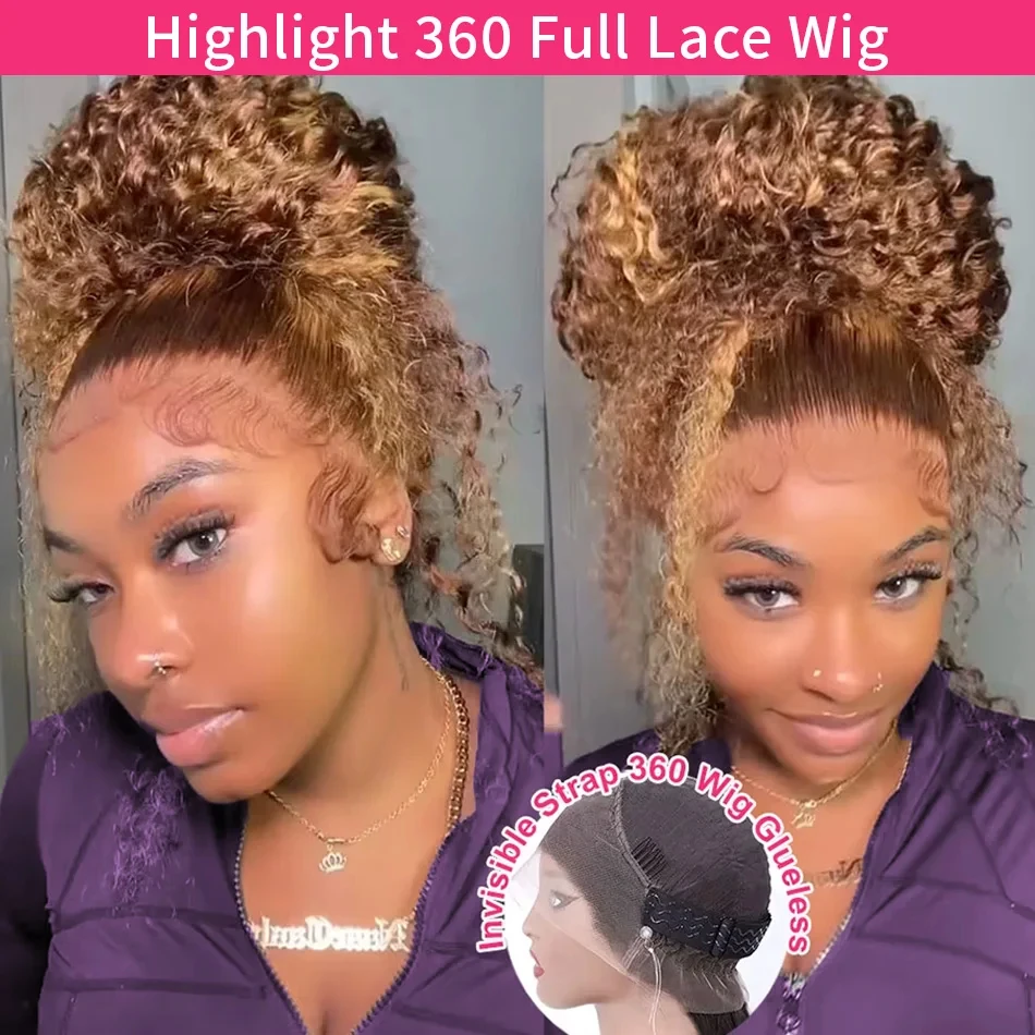 

4/27 Highlight Omber 360 Full Lace Front Wig Human Hair Pre Plucked Hd Deep Wave Frontal Wig Invisible Drawstring Curly Human Hair Wigs 30 32 Inch