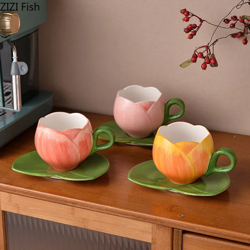 Tulip Flower Shaped Cup&saucer Dining Table Coffee Mug Delicate Porcelain Mugs Afternoon Tea Teacup Fruit Juice Container