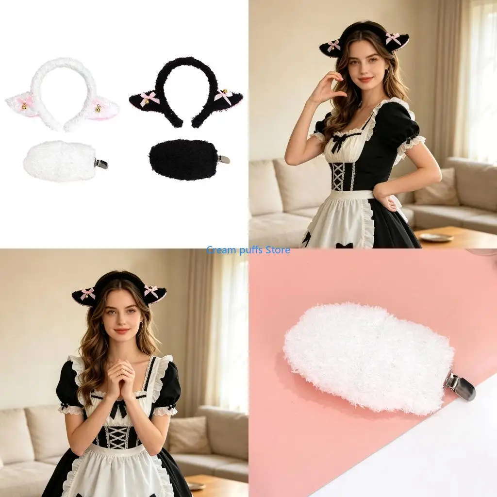 50LE Halloween Sheep Ear and Tail Accessory Set with Plush Texture for Role Play, Stage Use, and Photo Props Styling