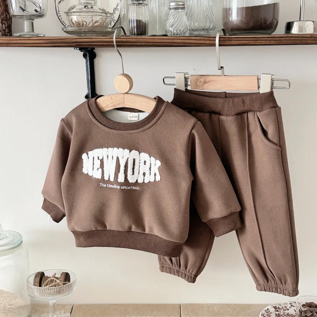Baby Boy Cotton Thick and Plush Brown Towel Embroidery Top+Casual Pants Two Piece Set Fall Winter Sportswear