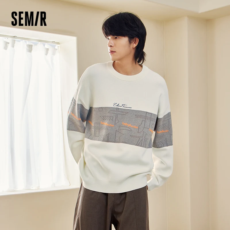 Semir Sweater Men Winter Korean Style Knitted Sweater Contrasting Color Splicing Embroidered Jacquard Sweater