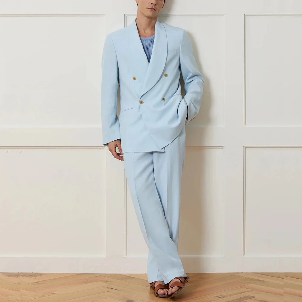 

Light Blue Double Breasted Shawl Lapel Men Suits 2 pieces Set (Jacket+Pants) Wedding Evening Party Daliy Casual Male Clothing