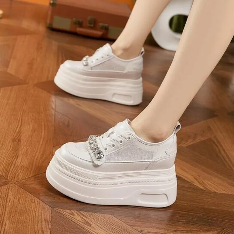 

9cm 2026 Air Mesh Micrifiber Leather Summer Autumn Chunky Sneakers Breathable Casual Platform Wedge Hollow Women Vulcanize Shoes