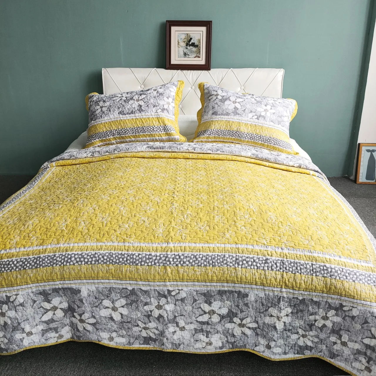 3-Piece Printed Plain Cotton Quilt Set, Lightweight Breathable Bedspread Coverlet for All Seasons, Home Decor Bedding