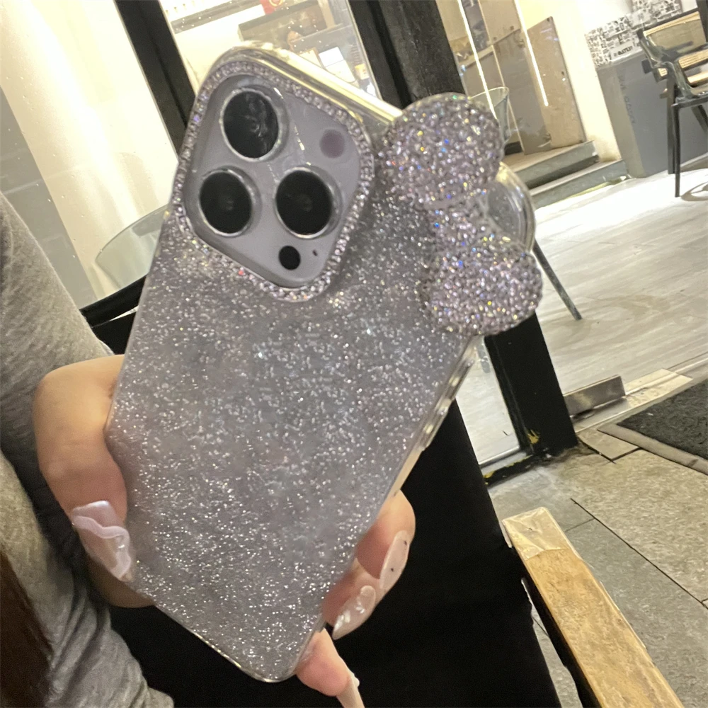 Luxury 3D Flash Diamond Bow Glitter Phone Case For iPhone 15 13 14 12 16 Pro Max 11 Silver Blingbling Shockproof Back Cover