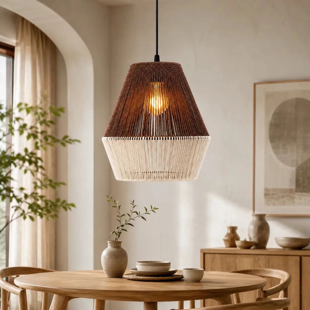 JOYINLED 2-Tone Paper Rope Chandelier Boho Handwoven Rattan Pendant Light E27 Vintage Ceiling Hanging Lamp Fixture for Kitchen