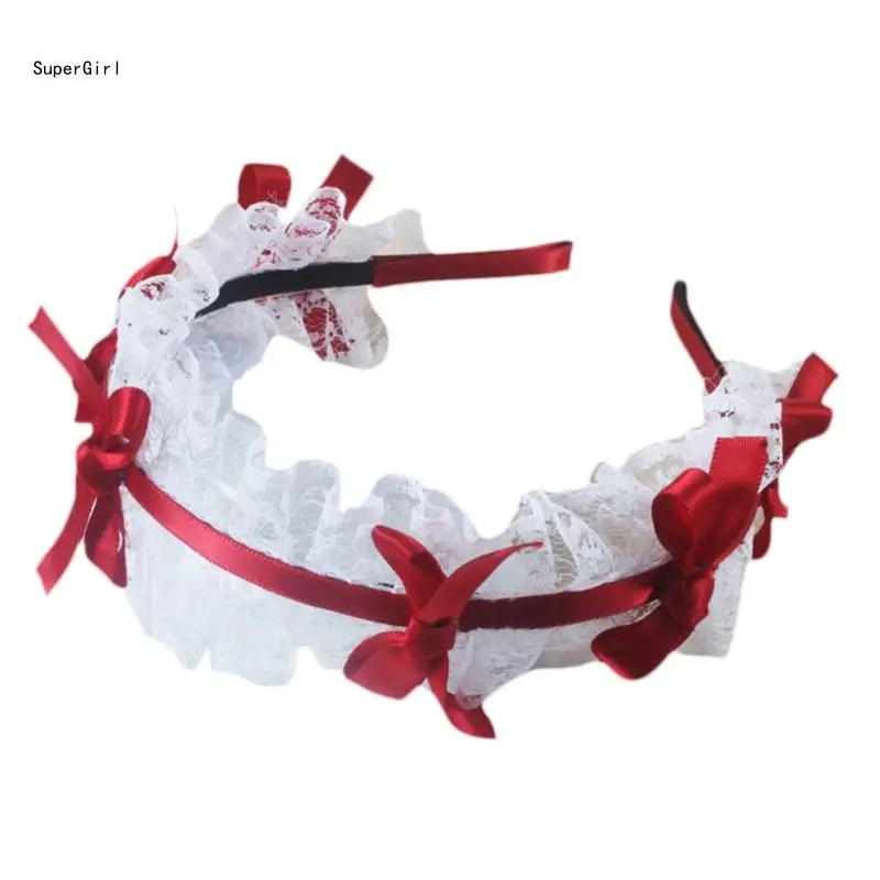 Girl Ruffle Lace Headband with Ribbon Bowknot Hair Hoop Gorgeous Sweet Headdress Anime Cosplay Accessorie