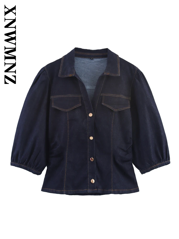 

XNWMNZ 2025 Spring Lady Casual Fashion Denim Shirt Chic Simple Women Clothing Blue Long Sleeve Turn-down Collar Short Sleeve Top