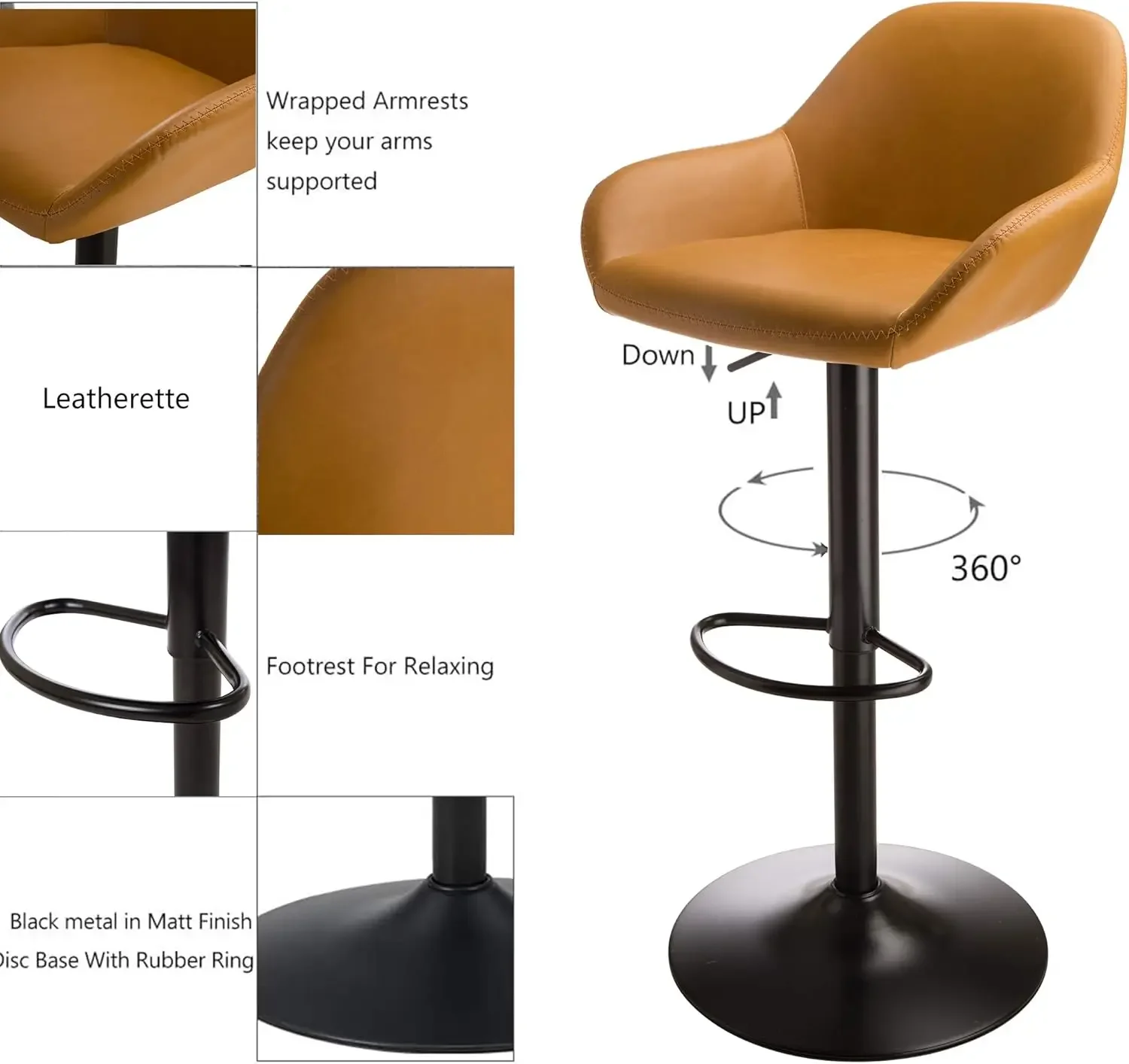 Juego de 2 taburetes de bar giratorios, silla de bar ajustable de cuero vintage de mediados de siglo con respaldo y reposapiés, kit de pub moderno