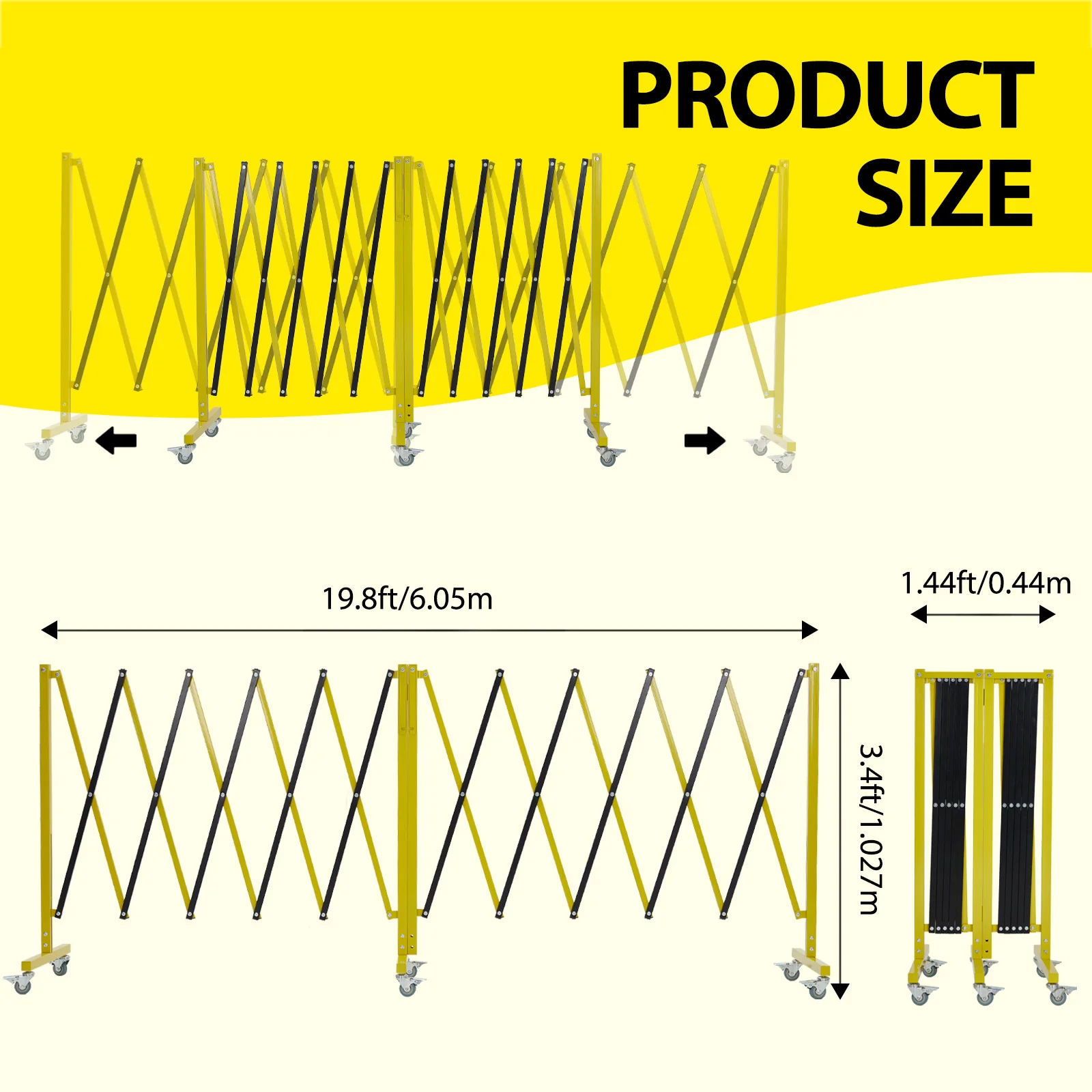 19.8 FT Industrial Expandable Metal Barricade, Rotatable & Portable Safety Barrier with a Warning Board and Casters