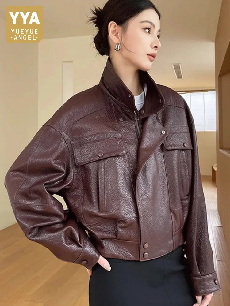 Fashion Women Motorcycle Biker Sheepskin Genuine Leather Jacket Multi Pockets Loose Fit Autumn Windproof Coat Vintage Outerwear