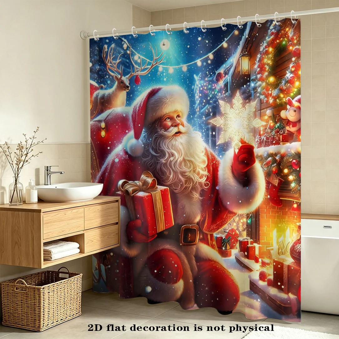 2D Flat, 2D Flat Shower Curtain 1pc, Santa Claus Shower Curtain, Festive Atmosphere,, Includes Hooks, Great Christmas Gift, Holi