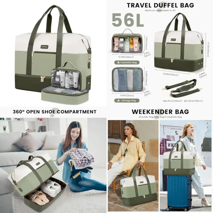 

Weekender Bag, Large Travel Duffel Bag for Women with 2 Packing Cubes, Carry on Overnight Bag with Shoe Compartment, Mom Hospit