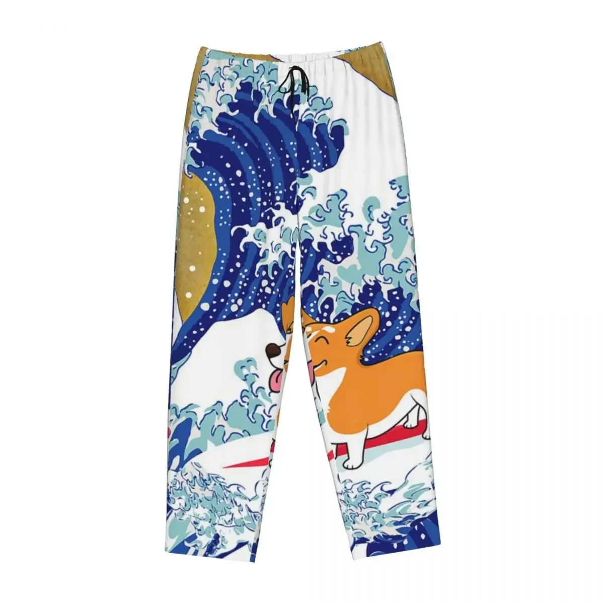 

Женские пижамные брюки Custom Corgi Dog Surfing The Great Wave с карманами для отдыха и сна