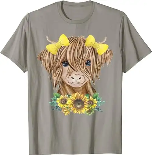 Cute Baby Highland Cow With Sunflowers Calf Animal Farm T Shirt SweaT 48485