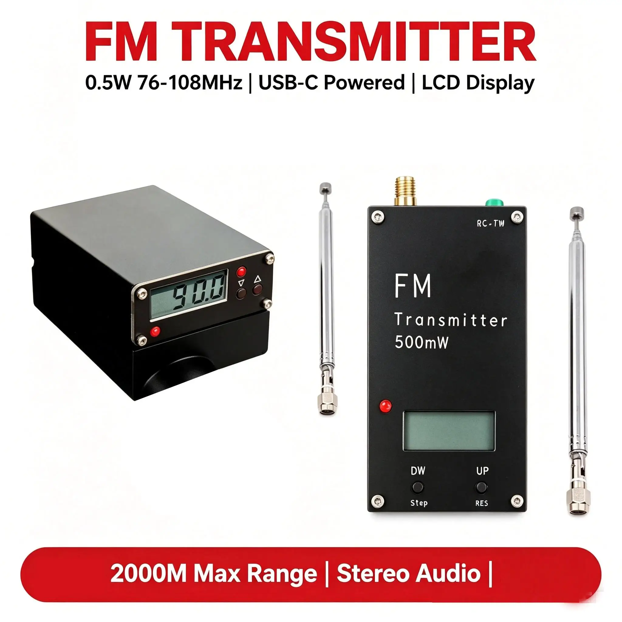 0.5W FM Transmitter W/ Antenna Digital Display 76-108MHz RF Signal Generator For Audio Campus Radio Station Broadcast Car Stereo