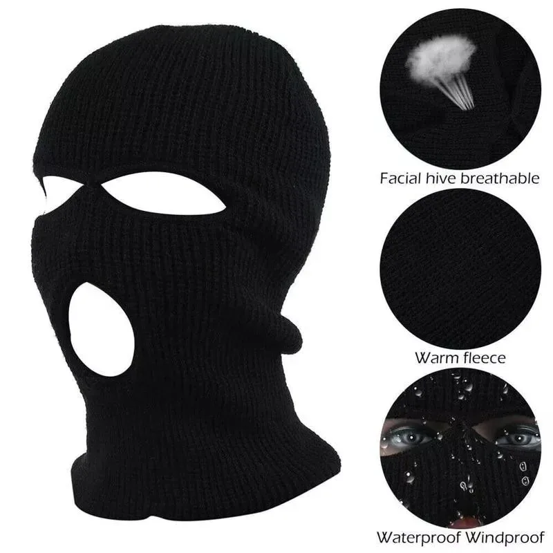 Winter Motorcycle Windproof Full Face Knitted Hat Ski Full Face Mask Warm Wool Hand Embroidered Winter Hat 3 Holes Ski Mask