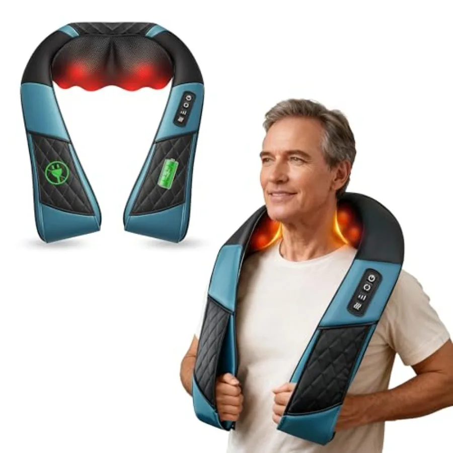 Cordless Neck Massager with Heat Deep Tissue Shiatsu Massage Pillow for Shoulder Back Pain Relief 3D Kneading Portable Recharge