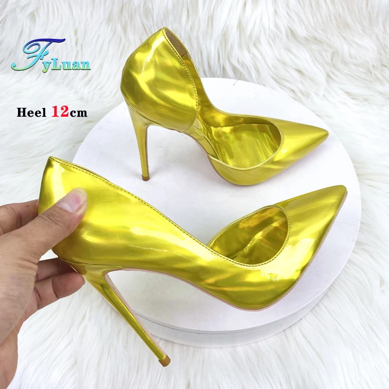 Gold Hologram High Heels Fashion Side Empty Women Laser Metallic Stiletto Pumps 8CM 10CM 12CM Ladies Pointed Wedding Party Shoes