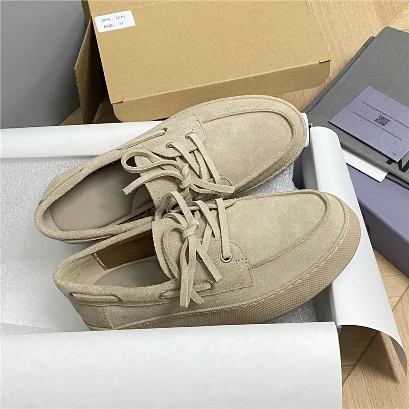 Withered Nordic Minimalist Casual Style Thick Soled Suede Loafers Women's Lace Up Round Toe Sponge Shoes Sneakers Shoes Woman