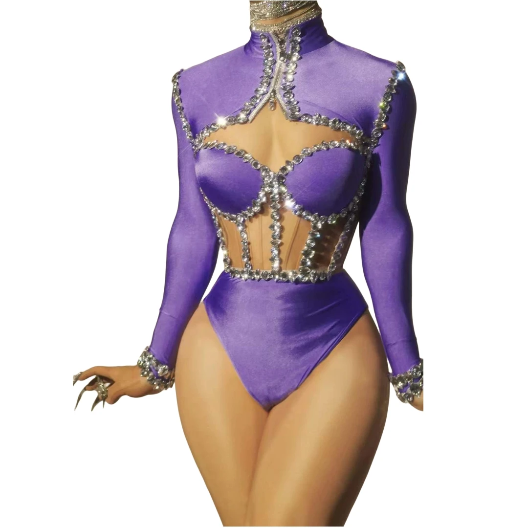 Fatos de strass brilhantes para mulheres, manga comprida, fatos de corpo roxo, vermelho, dança, drag queen