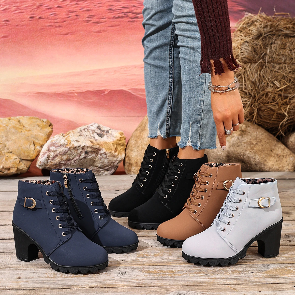 Women Boots Autumn High Quality Boots Lace-up High Heels Shoes for Women Winter Outdoor Fashion Anti-slip Boots Botas De Mujer