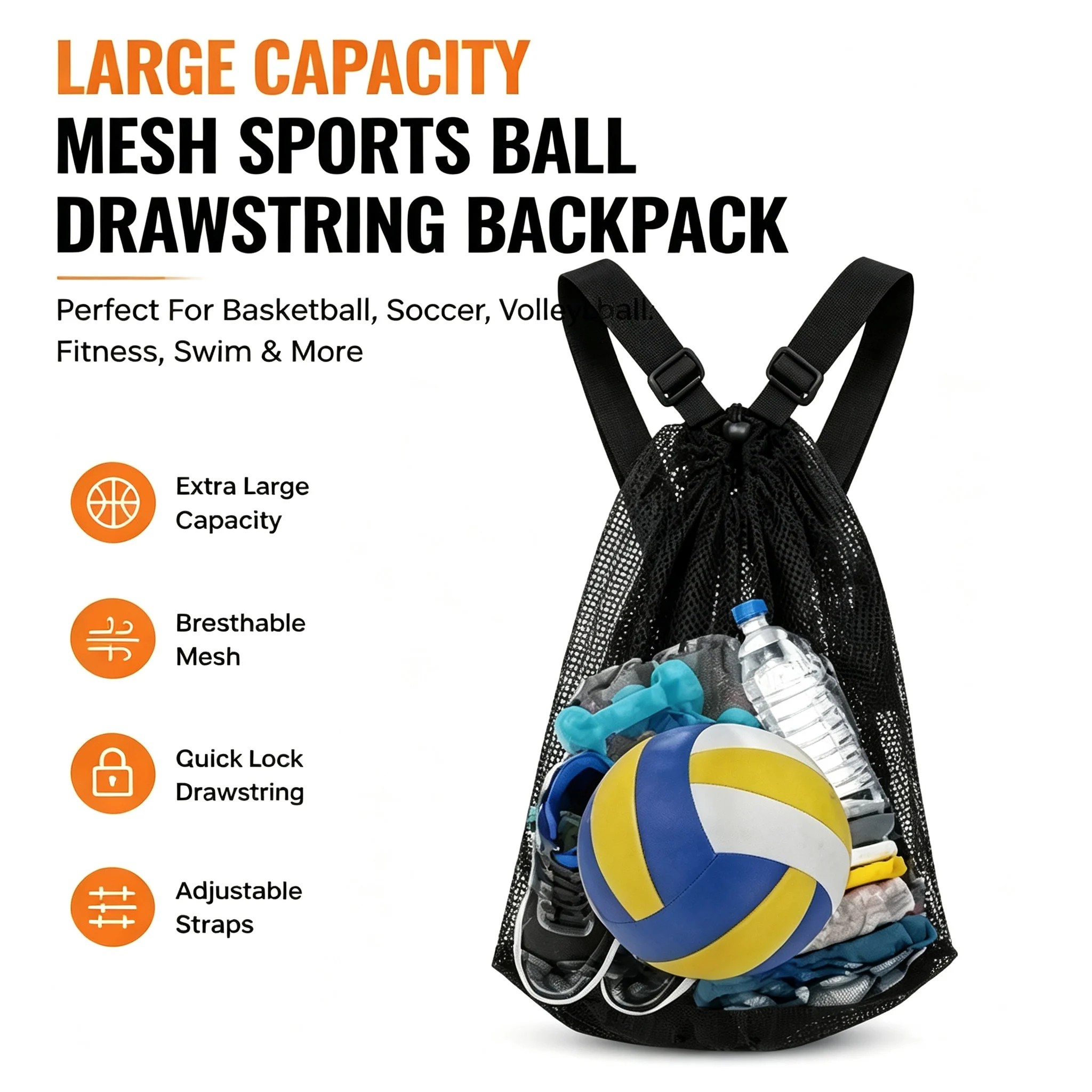 Large Capacity Mesh Sports Ball Drawstring Backpack Adjustable Shoulder Gym  for Basketball Soccer Volleyball Fitness Training
