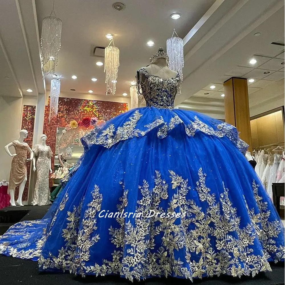 Robe de soirée en dentelle, 15 pièces, bleu Royal, épaules dénudées, avec des perles, avec des Appliques à plusieurs niveaux, Corset, pour filles