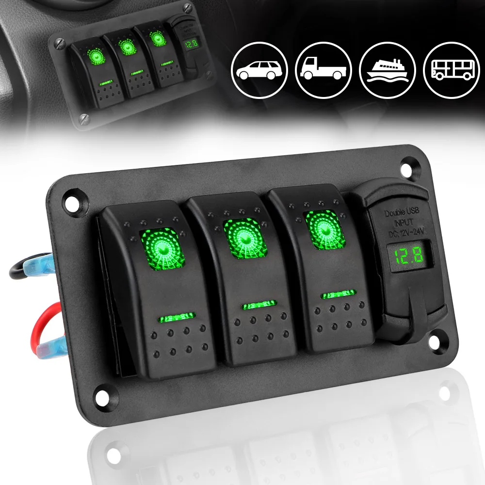 

4.2A Dual USB Slot Charger Digital Voltmeter Circuit Breaker for Car SUV Marine RV Truck 3 Gang Switch Panel