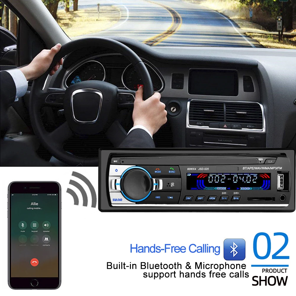 PolarLander  12V Stereo 60W*4 In Dash Microphone 520LED MP3 Car Radio Bluetooth Hands-free Calls USB/SD/MMC Player AUX Input