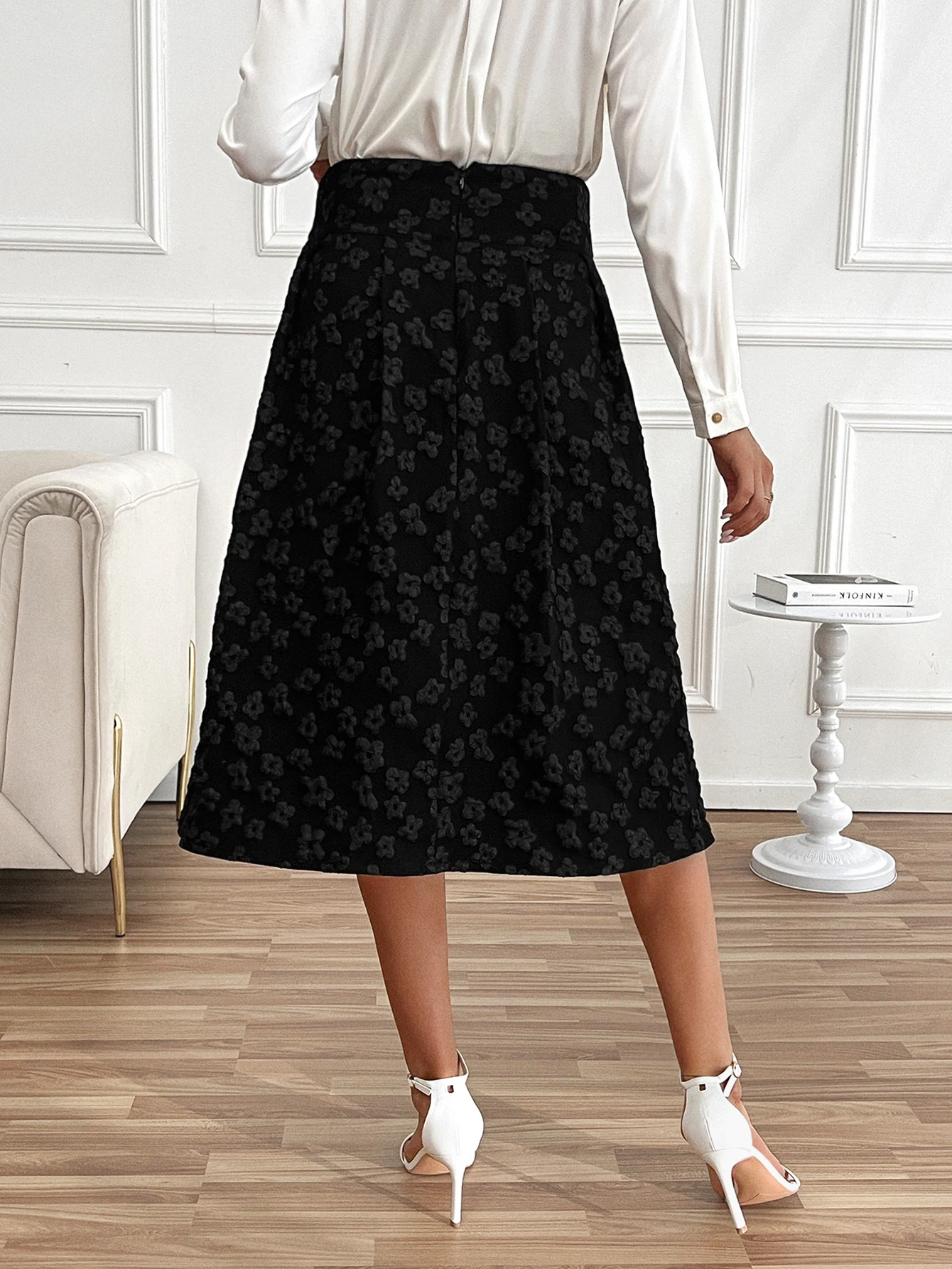 Women's long jacquard skirt button decoration and calf skirt A-line high waist skirt casual monochrome zipper waistband